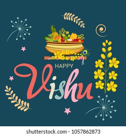 Vector illustration of a Background for Traditional Indian Festival Happy Vishu Celebrated in Kerala India.