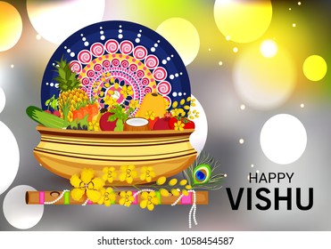 Vector illustration of a Background for Traditional Indian Festival Happy Vishu Celebrated in Kerala India.