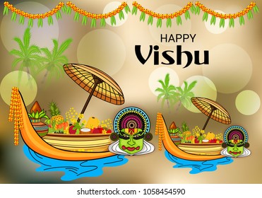 Vector illustration of a Background for Traditional Indian Festival Happy Vishu Celebrated in Kerala India.