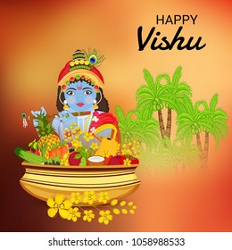 Vector illustration of a Background for Traditional Indian Festival Happy Vishu Celebrated in Kerala India.
