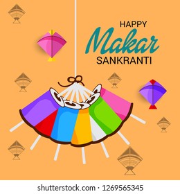 Vector illustration of a Background for Traditional Indian Festival Celebrate Makar Sankranti with Colorful Kites. 