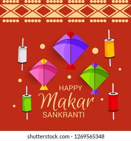 Vector illustration of a Background for Traditional Indian Festival Celebrate Makar Sankranti with Colorful Kites. 