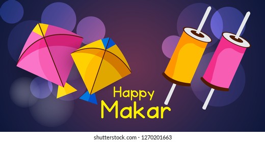 Vector illustration of a Background for Traditional Indian Festival Celebrate Makar Sankranti with Colorful Kites. 
