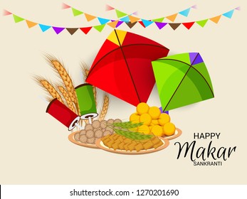 Vector illustration of a Background for Traditional Indian Festival Celebrate Makar Sankranti with Colorful Kites. 