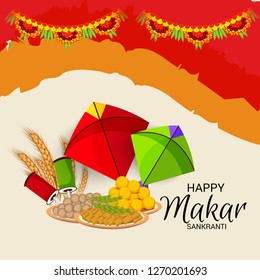 Vector illustration of a Background for Traditional Indian Festival Celebrate Makar Sankranti with Colorful Kites. 