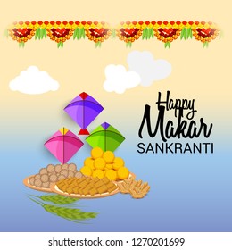 Vector illustration of a Background for Traditional Indian Festival Celebrate Makar Sankranti with Colorful Kites. 