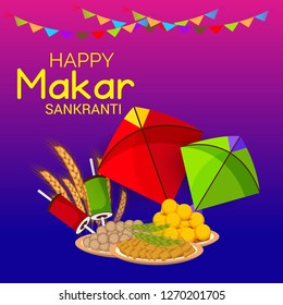 Vector illustration of a Background for Traditional Indian Festival Celebrate Makar Sankranti with Colorful Kites. 