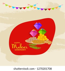 Vector illustration of a Background for Traditional Indian Festival Celebrate Makar Sankranti with Colorful Kites. 