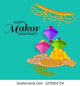 Vector illustration of a Background for Traditional Indian Festival Celebrate Makar Sankranti with Colorful Kites. 