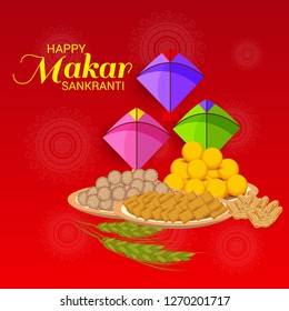 Vector illustration of a Background for Traditional Indian Festival Celebrate Makar Sankranti with Colorful Kites. 