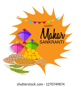Vector illustration of a Background for Traditional Indian Festival Celebrate Makar Sankranti with Colorful Kites. 
