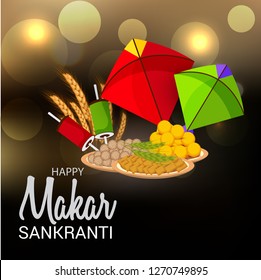 Vector illustration of a Background for Traditional Indian Festival Celebrate Makar Sankranti with Colorful Kites. 