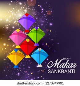 Vector illustration of a Background for Traditional Indian Festival Celebrate Makar Sankranti with Colorful Kites. 