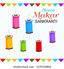 Vector illustration of a Background for Traditional Indian Festival Celebrate Makar Sankranti with Colorful Kites. 