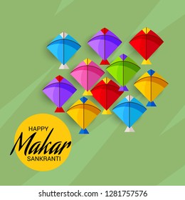 Vector illustration of a Background for Traditional Indian Festival Celebrate Makar Sankranti with Colorful Kites. 