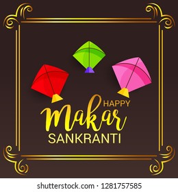 Vector illustration of a Background for Traditional Indian Festival Celebrate Makar Sankranti with Colorful Kites. 