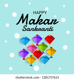 Vector illustration of a Background for Traditional Indian Festival Celebrate Makar Sankranti with Colorful Kites. 