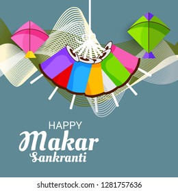 Vector illustration of a Background for Traditional Indian Festival Celebrate Makar Sankranti with Colorful Kites. 