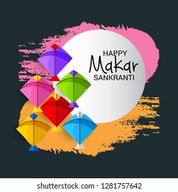 Vector illustration of a Background for Traditional Indian Festival Celebrate Makar Sankranti with Colorful Kites. 