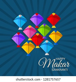 Vector illustration of a Background for Traditional Indian Festival Celebrate Makar Sankranti with Colorful Kites. 