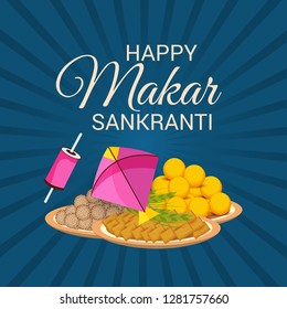 Vector illustration of a Background for Traditional Indian Festival Celebrate Makar Sankranti with Colorful Kites. 