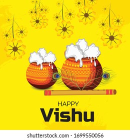 Vector illustration of a Background for Traditional Indian Festival Happy Vishu ( Keralas's New Year) Celebrated in Kerala India.