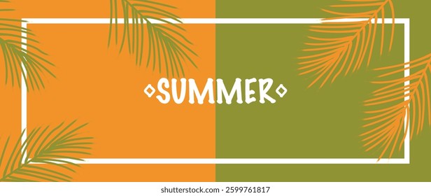 Vector illustration. Background with tropical leaves. With the inscription "summer". Summer and vacation concept. Perfect for your design, gift wrapping, home wallpaper and screensaver.
