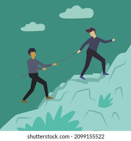 Vector illustration background of two men hiker helping each other on top of mountain. Teamwork hiking help each other trust assistance. Achievement goal concept.Graphic design vector illustration