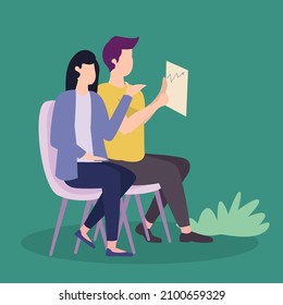 Vector illustration background of two young male and female worker holding a paper and discussing about work together at the office. Job discussion concept Graphic design vector illustration