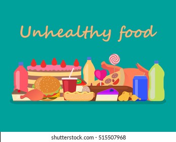 Vector illustration background unhealthy food. Set junk nutrition. Harmful fast food for health. Flat style. Large collection of fatty unhealthy snacks.