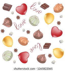 Vector illustration background for Valentine's Day. Balloons are red and gold, round and heart-shaped and marshmallows, chocolate