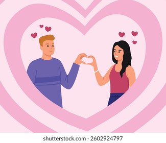 Vector illustration of a background for Valentine's Day with a couple in love.Cartoon scenes of lovers,happy guy and girl fold hands in the shape of a heart,hearts around isolated on white background.