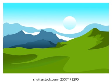 
vector illustration of a background view of green hills and mountains behind it with a blue sky above complete with sunlight