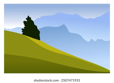 
Vektorgrafik eines Hintergrundes mit Blick auf grüne Hügel, Bäume und Berge dahinter mit blauem Himmel.
