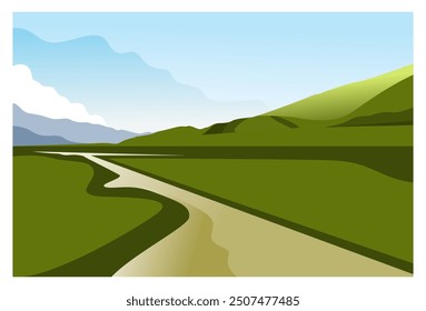 vector illustration of a background view of green hills, a road in the middle and mountains with a blue sky above complete with clouds.
