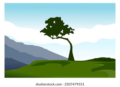 
Vektorgrafik eines Hintergrunds mit Blick auf grüne Hügel mit Bäumen darauf, komplett mit Bergen und wolkenblauen Wolken.