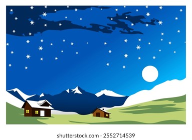 vector illustration of a background of views of snow mountains and green mountains, complete with houses, snowflakes and the moon above, suitable for backgrounds, wall decorations, Christmas themes.