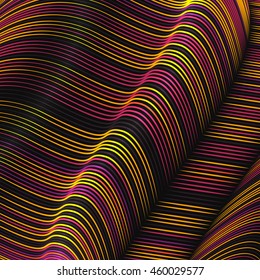 Vector illustration background of warped colorful lines design. Flexible stripes twisted as silk forming volumetric folds. Colored stripes with variable width. Modern abstract creative backdrop.