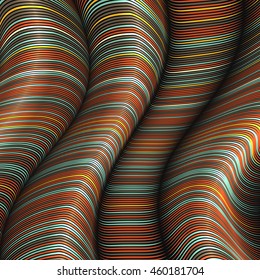 Vector illustration background of warped colorful lines design. Flexible stripes twisted as silk forming volumetric folds. Colored stripes with variable width. Modern abstract creative backdrop.