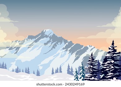 Vector illustration. Background for a website, landing page, winter landscape, nature, tourism, travel. Horizontal banner, postcard.