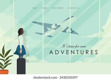 Ilustración vectorial. Antecedentes de un sitio web, página de destino, turismo, viajes, aeropuerto, turista. Diseño de página de destino, postal, página de inicio, sitio web.