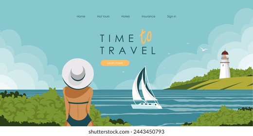 Vector illustration. Background for a website. Summer, vacation, island, beach, boat. Tourism, travel. Background for brochure, cover, banner.