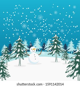 Vector illustration background. Winter snowy with snowman in the middle. Tree in the foreground and background. Snowman wearing blackhat