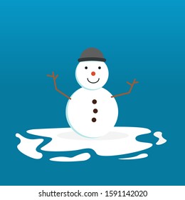 Vector illustration background. Winter snowy with snowman in the middle. Tree in the foreground and background. Snowman wearing blackhat