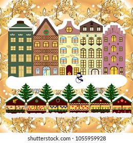 Vector illustration. Background. Winter village landscape.