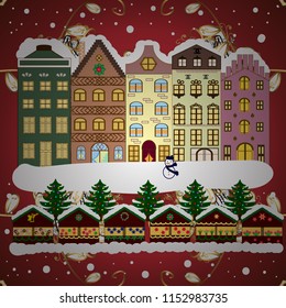 Vector illustration. Background. Winter village landscape.