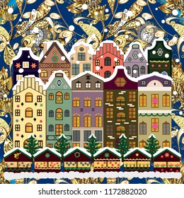 Vector illustration. Background. Winter village landscape.