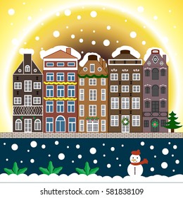 Vector illustration. Background. Winter village landscape.