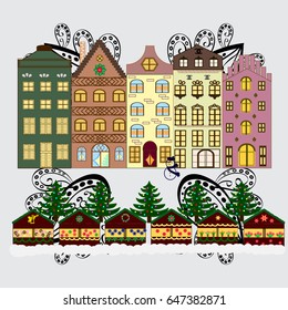 Vector illustration. Background. Winter village landscape.