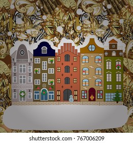 Vector illustration. Background. Winter village landscape.